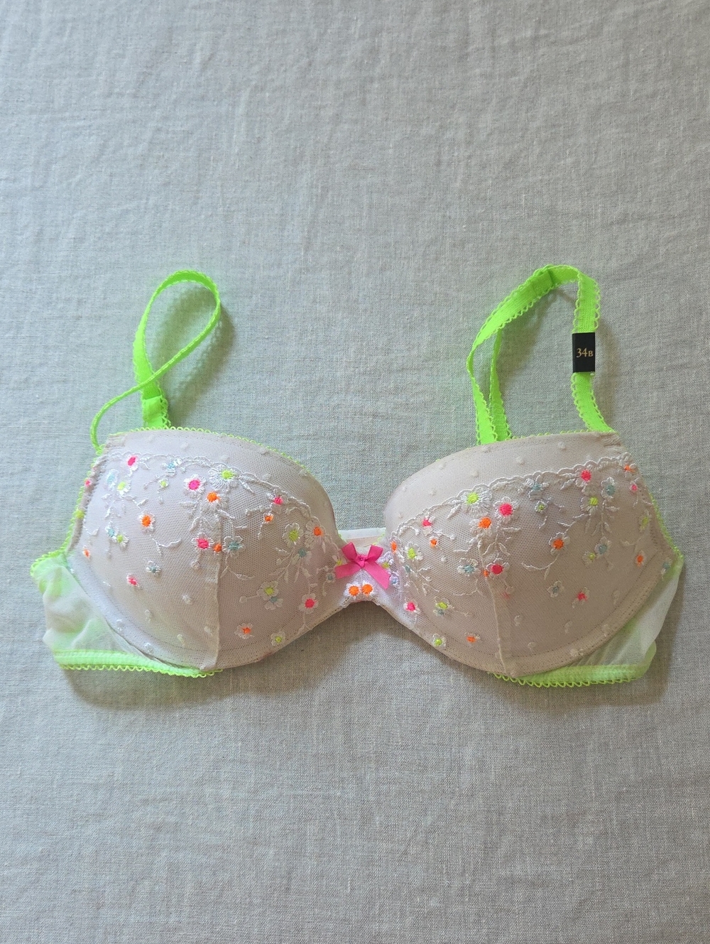 NWT Victoria's Secret Floral Embroidered Push-Up Bra Neon Lime Green White 34B